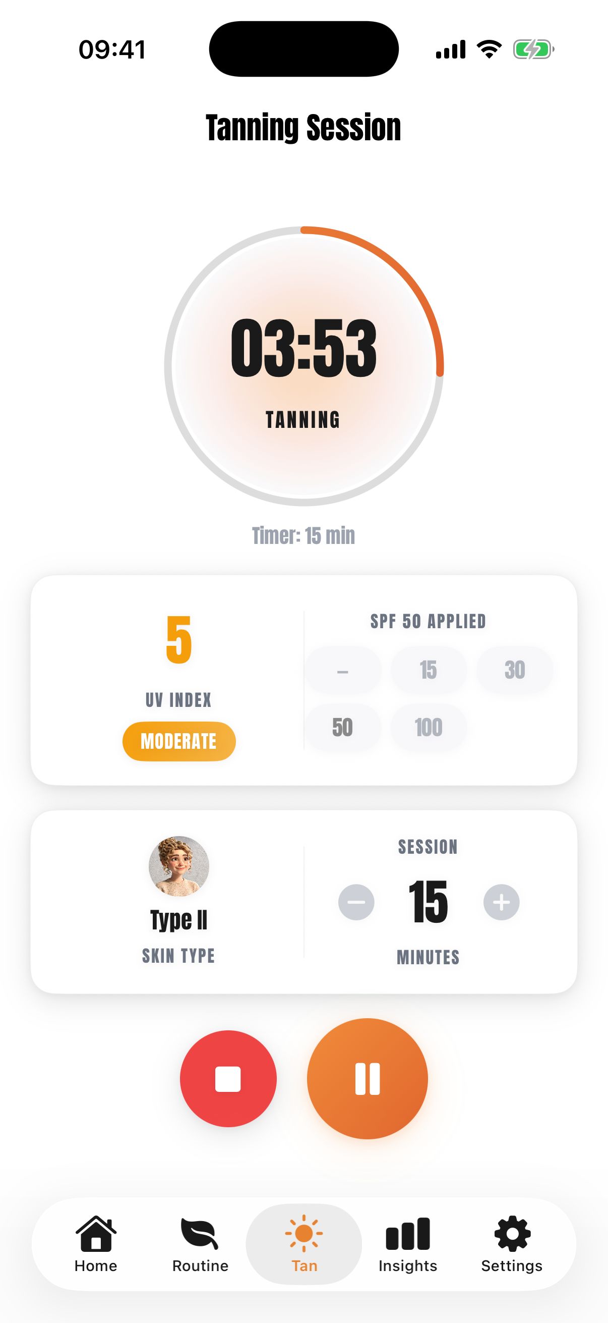SunDose tanning session screen with a circular timer counting down a timed session.