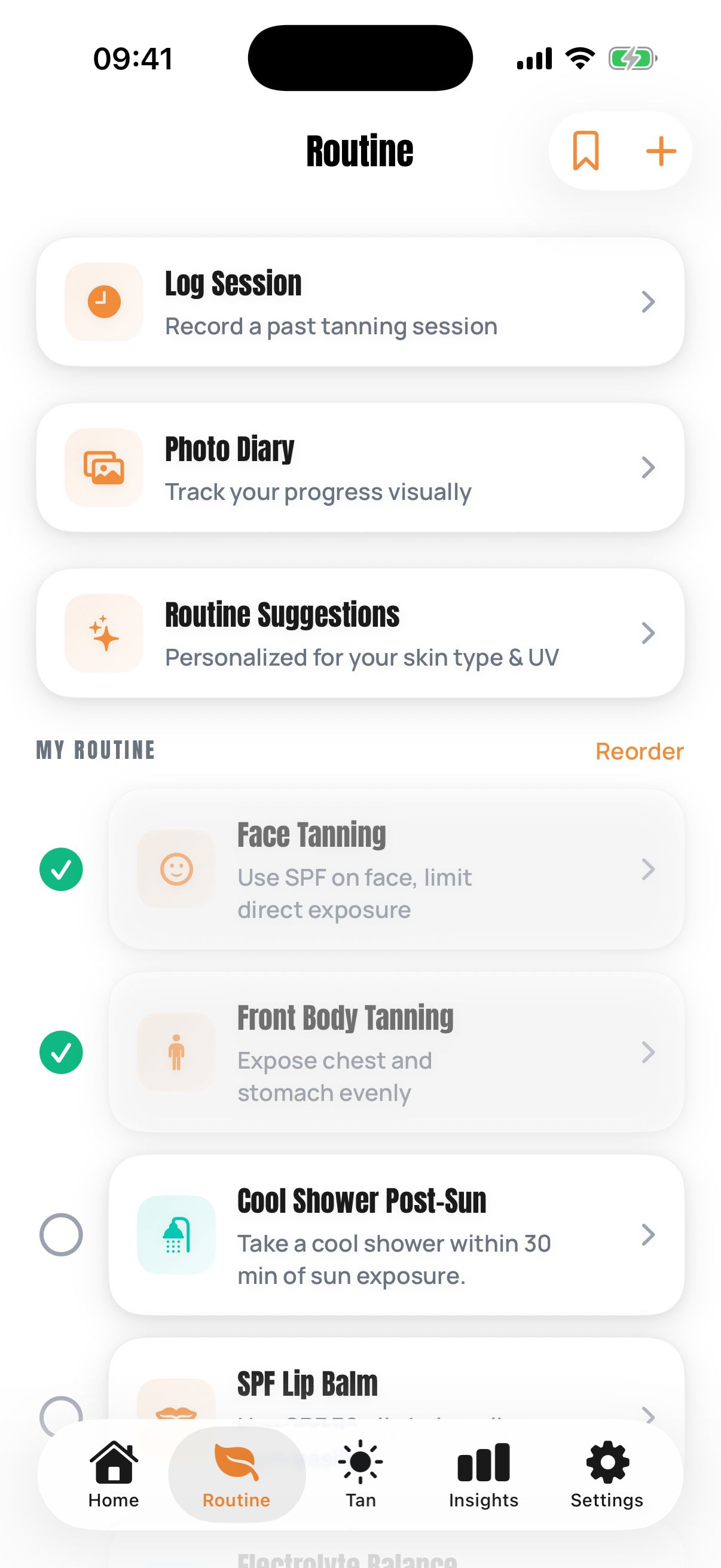 SunDose routine screen with a skin-type checklist of steps before and after the sun.