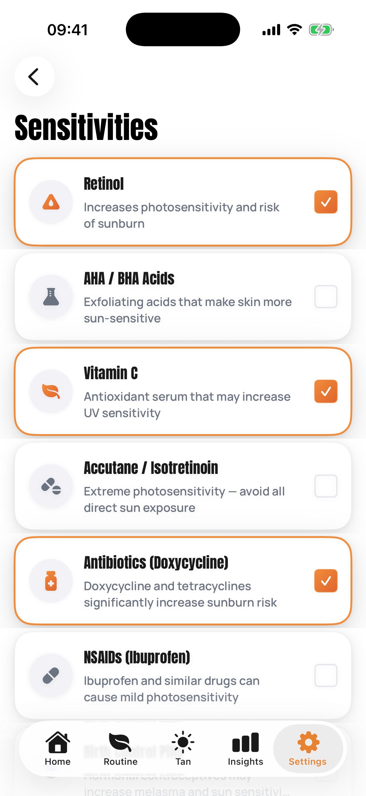 SunDose sensitivities screen listing factors like retinol and medication that affect sun sensitivity.