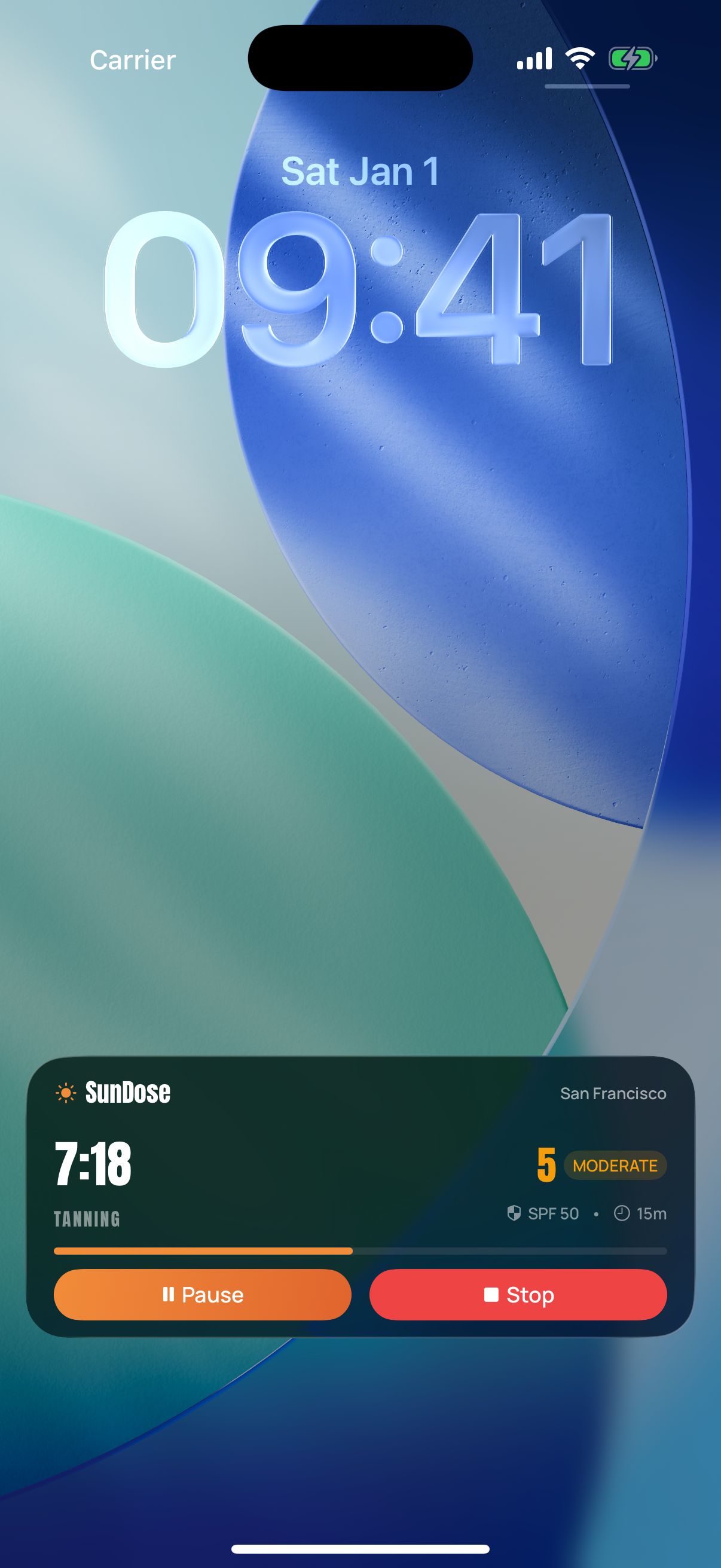 iPhone Lock Screen showing a SunDose Live Activity tracking an in-progress tanning session.