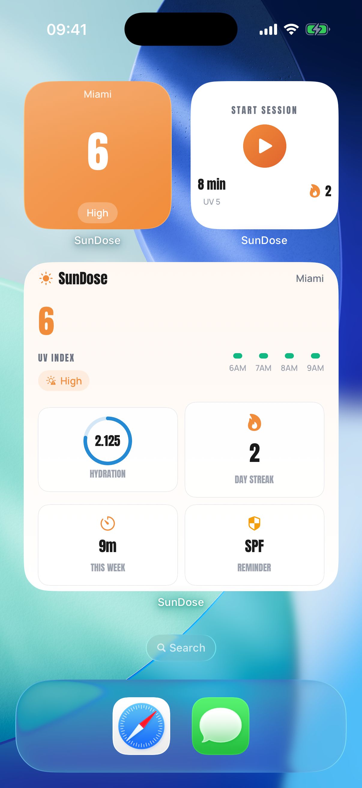 iPhone Home Screen with SunDose widgets showing the current UV index and next session.