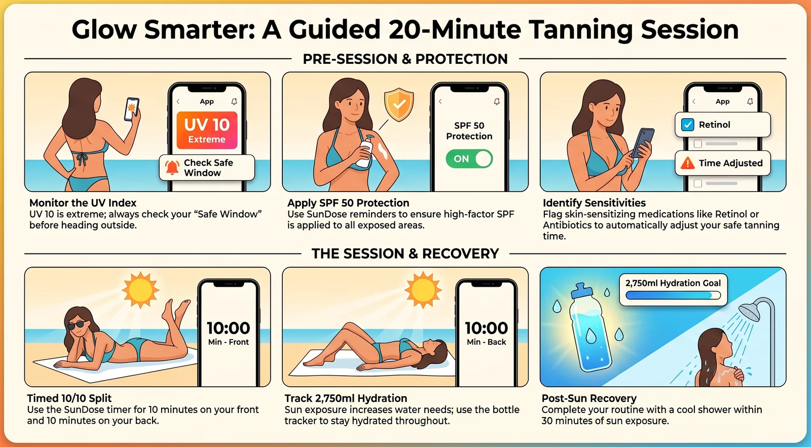 Six-step infographic of a guided 20-minute SunDose tanning session: monitor the UV index and check the Safe Window, apply SPF 50 protection, identify medication sensitivities such as Retinol, run a timed 10-minute front and 10-minute back split, track a 2,750ml hydration goal, and finish with a cool post-sun recovery shower within 30 minutes.