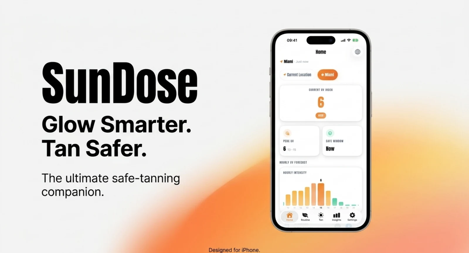 SunDose cover slide: the SunDose wordmark with the tagline Glow Smarter, Tan Safer, beside an iPhone showing the SunDose home screen with a current UV index of 6 in Miami, peak UV between 13:00 and 15:00, and an hourly UV forecast chart.